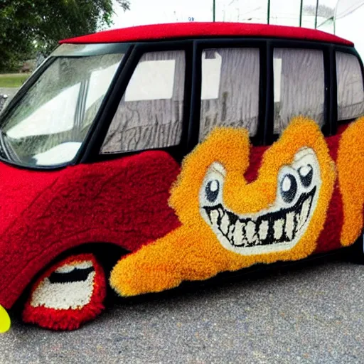 Prompt: A goofy car with a furry carpet outside