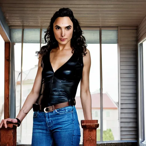 Prompt: gal gadot posing on a porch at a house, zeiss lens, detailed, symmetrical, centered, fashion photoshoot, by annie leibovitz and steve mccurry, david lazar, jimmy nelsson, breathtaking, 8 k resolution, extremely detailed, beautiful, establishing shot, artistic, hyperrealistic, beautiful face, octane render