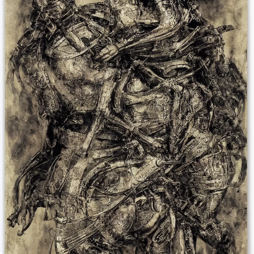 Image similar to poster of a beautiful meditating samurai by hans ruedi giger