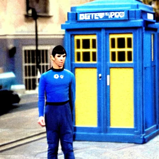 Image similar to spock!!!!!!!! in blue tutu exiting the tardis!!!!!!!, spock spock spock tardis tardis tardis color photo