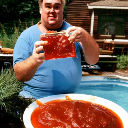 Image similar to john candy floating in pool of bbq sauce, holding up drink of bbq sauce, beckoning camera, drink rested on belly, bbq sauce heaven