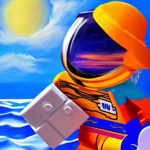 Image similar to lego blocks painting of astronaut in the ocean, skies, realistic, colorful, positive vibes, cinematic, 3 d, hd