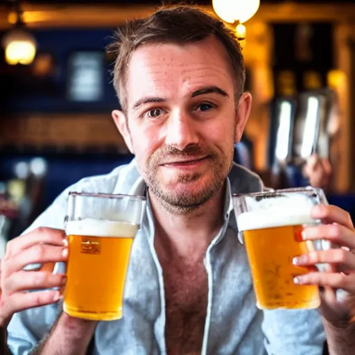 Prompt: average british man in a pub drinking stella
