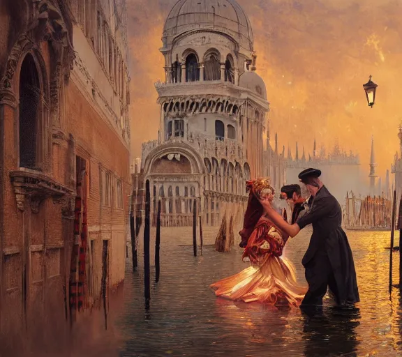 Image similar to photography of a 1 8 th couple in venice with fireworks, deep focus, intricate, elegant, highly detailed, digital painting, artstation, concept art, matte, sharp focus, illustration, art by artgerm and greg rutkowski and alphonse mucha and gil elvgren