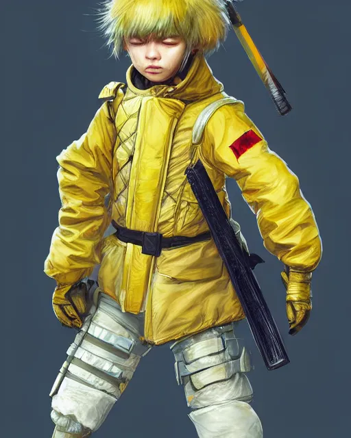 Prompt: a tiny combat kid wearing a puffy yellow jacket and a katana, smooth, intricate, elegant, digital painting, artstation, concept art, sharp focus, octane render, illustration, art by ayami kojima, apex legends character,