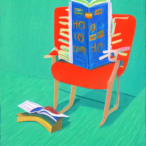 Prompt: a robot reading a book by david hockney