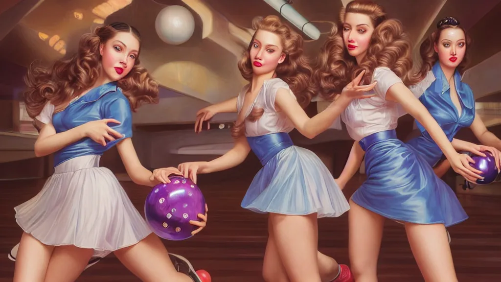 Image similar to photo of cute girls bowling, art deco bowling alley, ultra detail, photoreal, professionally retouched, soft moonlight lighting, shiny plastic miniskirt, realistic, smooth face, goddess, luscious lips, perfect eyes, wide angle, sharp focus on eyes, 8 k high definition, insanely detailed, intricate, elegant, art by artgerm and wlop