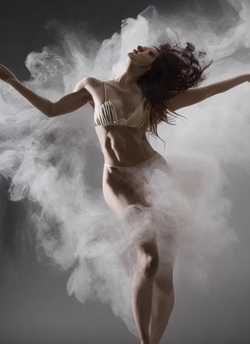 Image similar to a photorealistic dramatic hyperrealistic render of a glamorous beautifulanime in bikini dancer by ken brower and deborah ory of nyc dance project, lois greenfield, flowing cloth and smoke, beautiful dynamic dramatic dark moody lighting, volumetric, shadows, cinematic atmosphere, octane render, 8 k