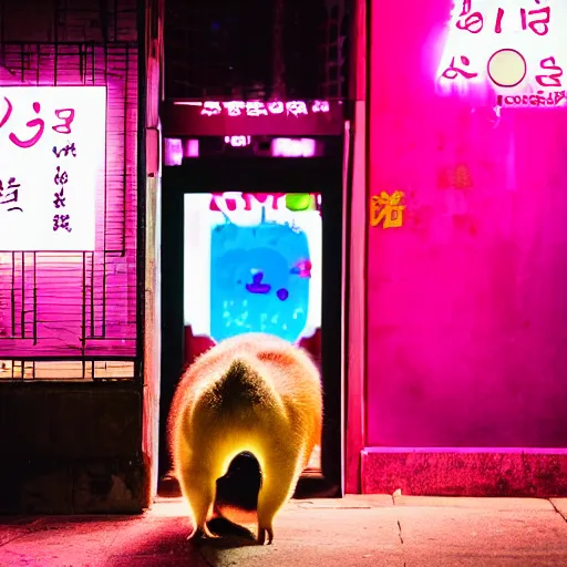 Image similar to capybara drinking bubble tea in cyberpunk, neon, pink and cyan seoul, detailed, street photography