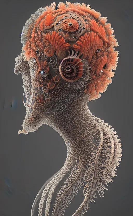 Image similar to portrait intricate mask, eagle coral, jelly fish, mandelbulb 3 d, fractal flame, octane render, cyborg, biomechanical, futuristic, by ernst haeckel