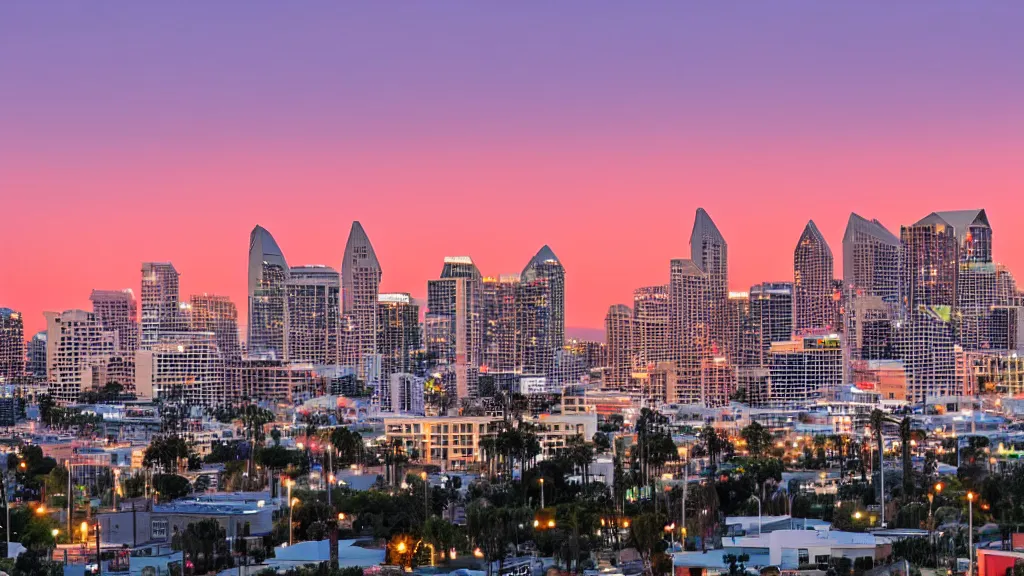 Prompt: a beautiful photo of downtown San Diego at sunset