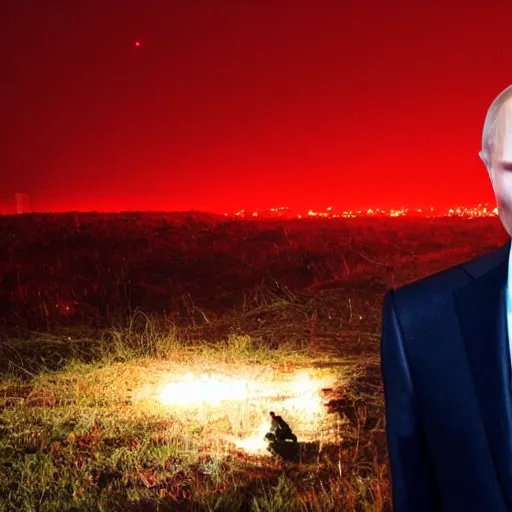 Image similar to putin with face lit by red glow at midnight, atmospheric epic award winning photo with volumetric cinematic lighting. huge pile of dead bodies in the background