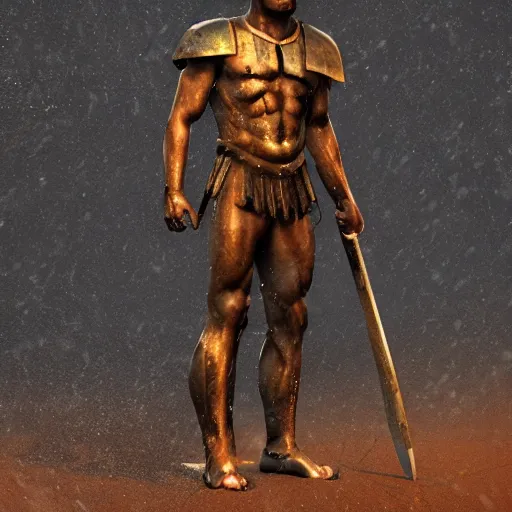 Image similar to one spartan standing in the rain and 100 spears are flying into his direction, award winning, trending on artstation, unreal engine