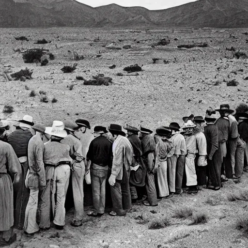 Prompt: paleozoic by ansel adams ultradetailed. a beautiful photograph of a group of people standing in a line. they are all facing the same direction & appear to be waiting for something.