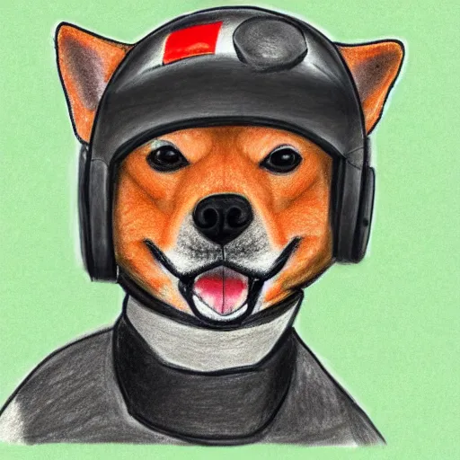 Image similar to A drawing of a Shiba Inu dog wearing a soldier's helmet, color