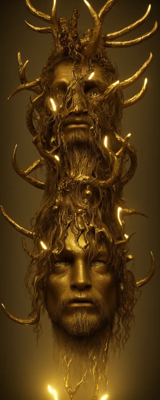 Prompt: Hyper realistic portrait of a surreal Cernunnos floating in the dark night, gold dripping in spiral, Mistic ambient, ultra super good realistic 3D render by Pete Morbacher and Emil Melmoth, insanely detailed, trending on artstation, sharp focus