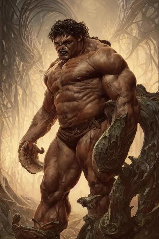 Image similar to portrait of viktor orban as a hulking herculean demon, forest, godlike, full body, fantasy, intricate, elegant, highly detailed, digital painting, artstation, concept art, sharp focus, illustration, art by artgerm and greg rutkowski and alphonse mucha