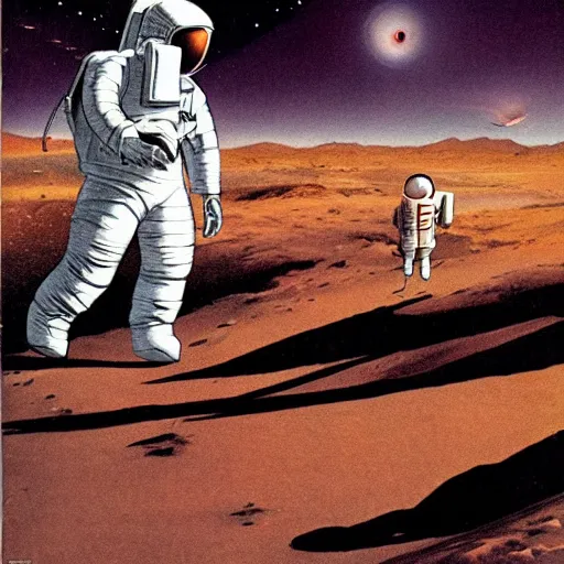 Image similar to astronaut walking on Mars with a rover in the background, Vintage Magazine Illustration