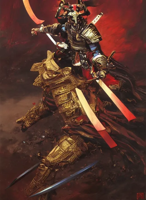 Image similar to A full portrait oil painting of a godlike and psychedelic helmeted and masked Samurai holding a katana above his head an running into battle, japanese god of war armor, by Frank Frazetta, Greg Rutkowski, Boris Vallejo, epic fantasy character art, Exquisite detail, post-processing, low angle, masterpiece, cinematic, lightning