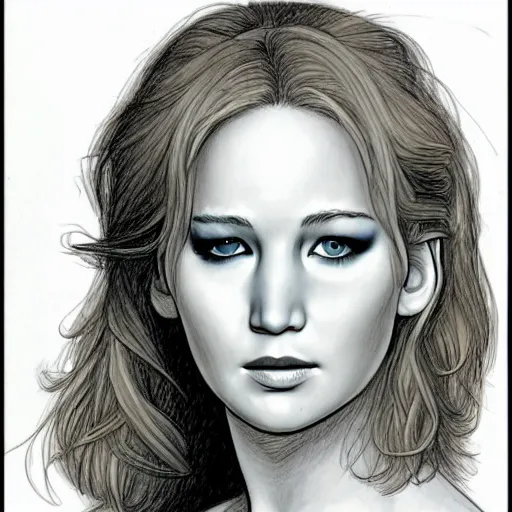 Image similar to Milo Manara drawing, woman with Jennifer Lawrence's face, detailed, 4k