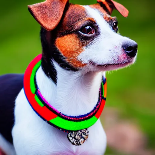 Image similar to portrait of a jack russell terrier dog wearing a rasta collar, with nature in the background, professional portrait, 4 k