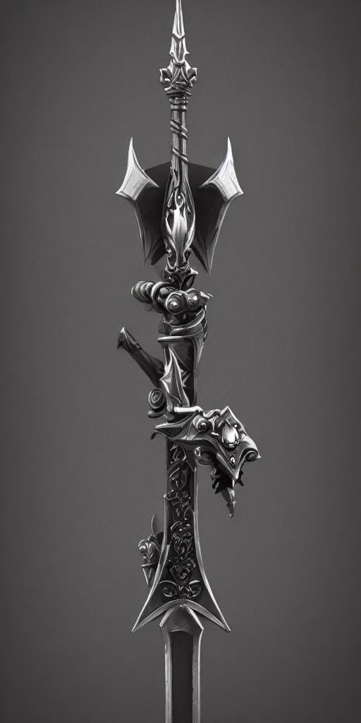 Prompt: a black and silver curved sword skull crest, ornament, weapon, a 3 d render by dom qwek, front side, concept art, trending on polycount, artstation, hard surface modeling, rendered in maya, zbrush, hd, blizzard, symmetry