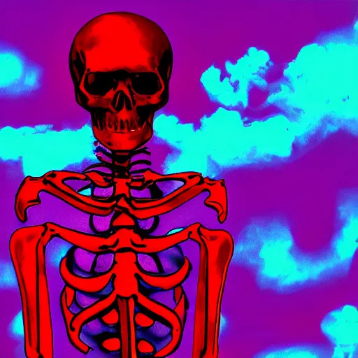 Image similar to A red skeleton infront of a vapourwave background