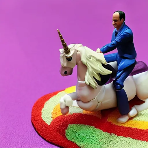 Prompt: an action figure with President Sisi’s head riding a unicorn as he flies through rainbow hoops in the sky