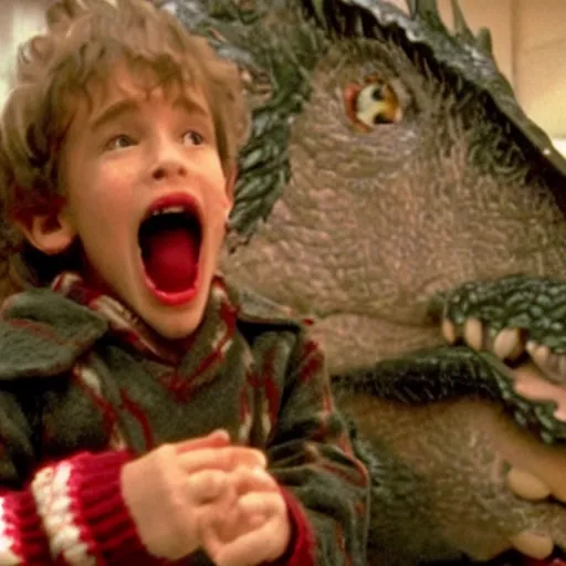 Prompt: a giant huge dragon eating kevin in home alone movie