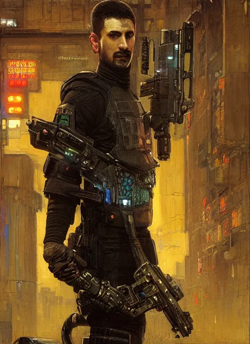 Image similar to Cyberpunk theif escaping Menacing Cyberpunk police trooper wearing a combat vest. Rainy streets (dystopian, police state, Cyberpunk 2077, bladerunner 2049). Iranian orientalist portrait by john william waterhouse and Edwin Longsden Long and Theodore Ralli and Nasreddine Dinet, oil on canvas. Cinematic, vivid colors, hyper realism, realistic proportions, dramatic lighting, high detail 4k