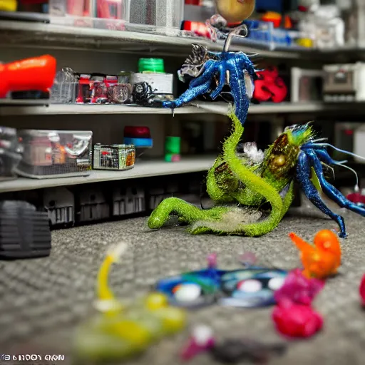 Image similar to garage with carnivorous plants on the shelves and packing peanuts on the floor, scene from tv show hyper detailed 5 5 mm 8 5 mm, toy photography, made out of plastic