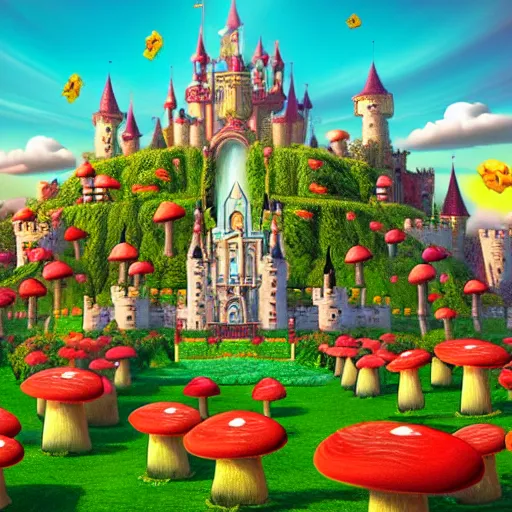 Image similar to large fantasy castle in the style of peaches castle in super mario, giant red and white spotted mushrooms, exotic flowers, roses, in a huge garden, sharp rays of sunlight, mortal engines howls moving castle, distant - mid - shot, fantasy, hyper detailed, 4 k