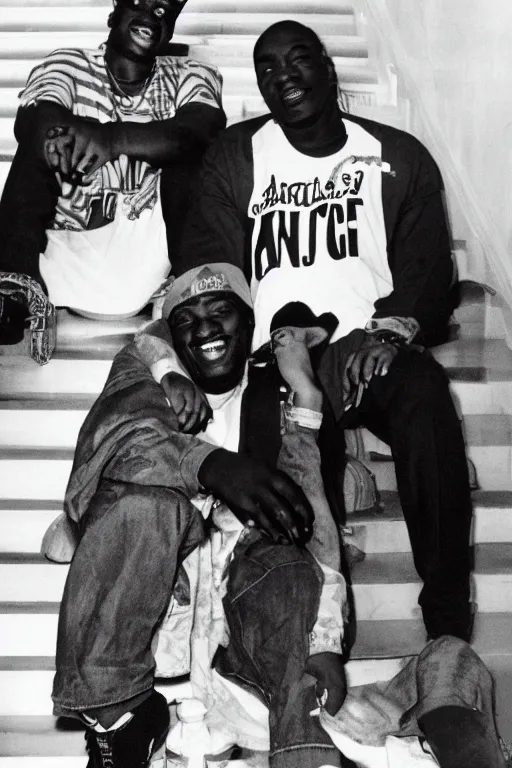 Image similar to Snapshot of smiling Tupac and Biggie on the staircase to Heaven