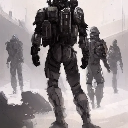 Image similar to concept art by greg rutkowski, soldiers wearing futuristic white and black tactical gear, shooting in a combat, brutalist futuristic interior, dim lighting, detailed portraits, stressfull atmosphere, scifi, digital painting, artstation, concept art, smooth, sharp foccus ilustration, artstation hq