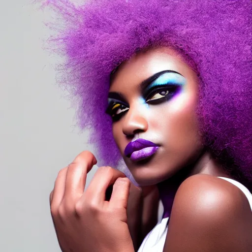 Image similar to a realistic model photoshoot of a black girl with purple afro hair, beautiful, model, professional picture, realistic, 4 k, bright light, portrait