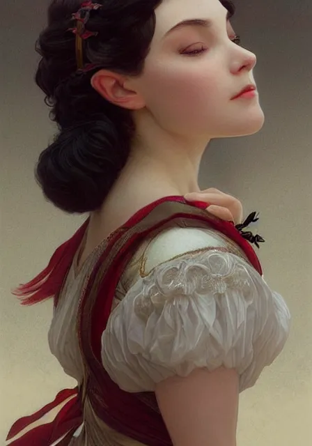 Prompt: snow white dance, intricate, elegant, highly detailed, digital painting, artstation, concept art, smooth, sharp focus, illustration, art by artgerm and greg rutkowski and alphonse mucha and william - adolphe bouguereau