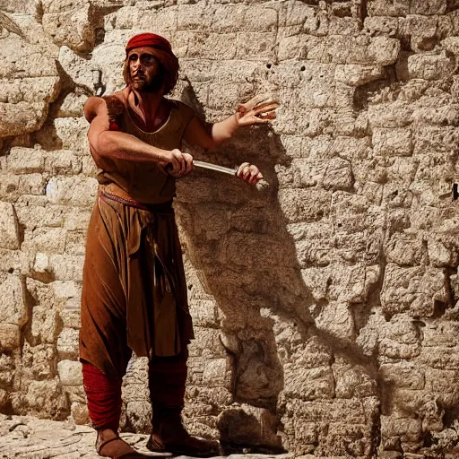 Image similar to award winning cinematic still of 40 year old Mediterranean skinned man in Ancient Canaanite clothing fixing a ruined, crumbled wall in Jerusalem, holding a sword and a chisel, dramatic lighting, strong shadows, red hues, directed by Ang Lee