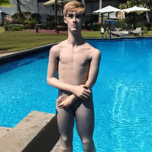 Image similar to “a realistic detailed photo of a guy who is an attractive humanoid who is half robot and half humanoid, who is a male android, twitch streamer Ninja Tyler Blevins, shiny skin, posing like a statue, blank stare, by the pool as a pool boy , display”