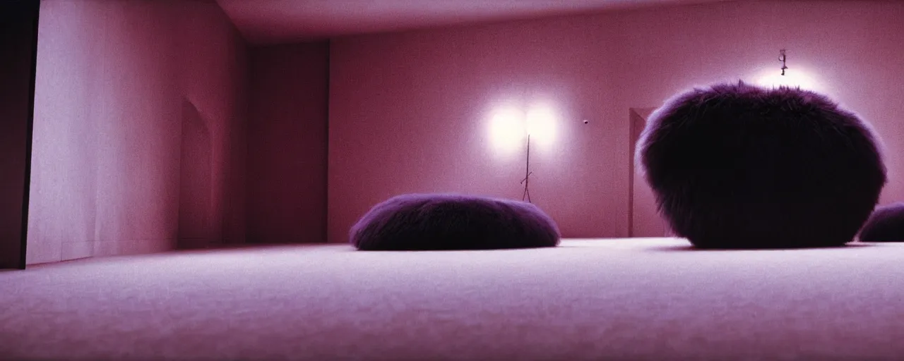 Prompt: a strange huge fluffy furry poufs ottomans sits in the room, film still from the movie directed by denis villeneuve with art direction by zdzisław beksinski, close up, telephoto lens, shallow depth of field