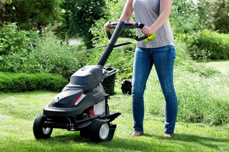 Prompt: baby stroller with a lawn mower attachment