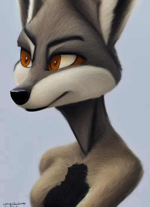 Image similar to oil painting of anthromorphic female wolf, in style of zootopia, female fursona, furry, furaffinity, 4 k, deviantart, furry art, fursona art, wearing black business suit, business suit, wolf fursona, female, very expressive detailed feminine face,