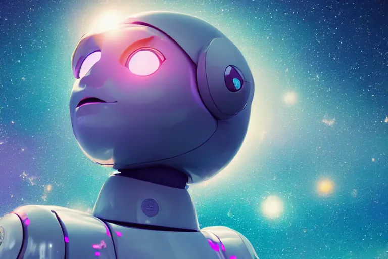 Prompt: a beautiful calm robot girl looking up to the stars, photograph, colorful background, render, 3 d, render, 8 k, 4 d,