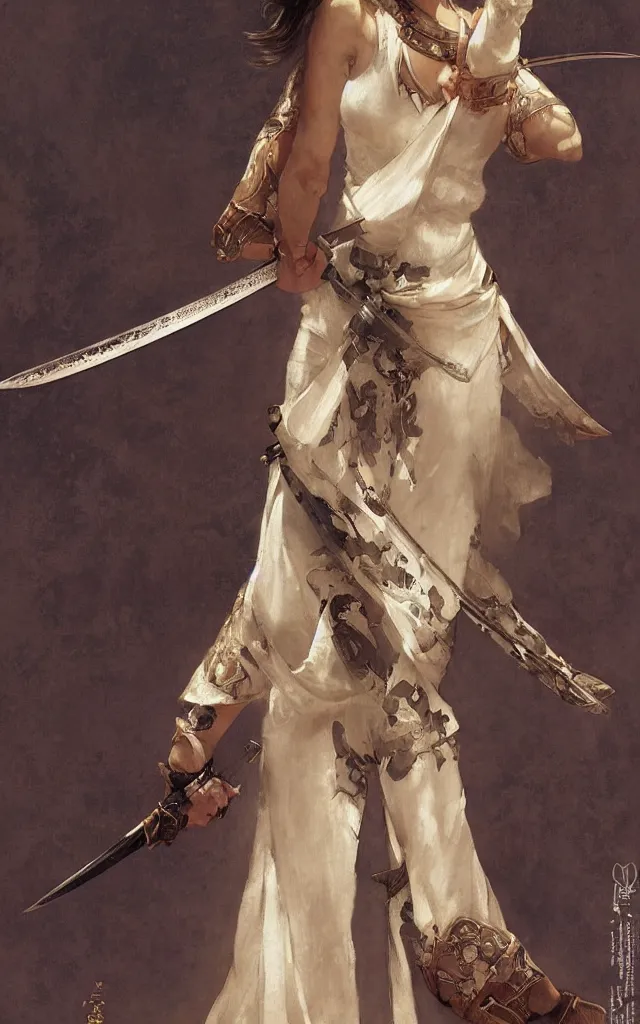 Prompt: modern elegant female samurai ninja, with large sword, feminine, powerful, beautiful, upper body, muscular, wide leg hakama trousers, highly detailed, by gaston bussiere, mucha, gerome, craig mullins, greg rutkowski, john singer sargent