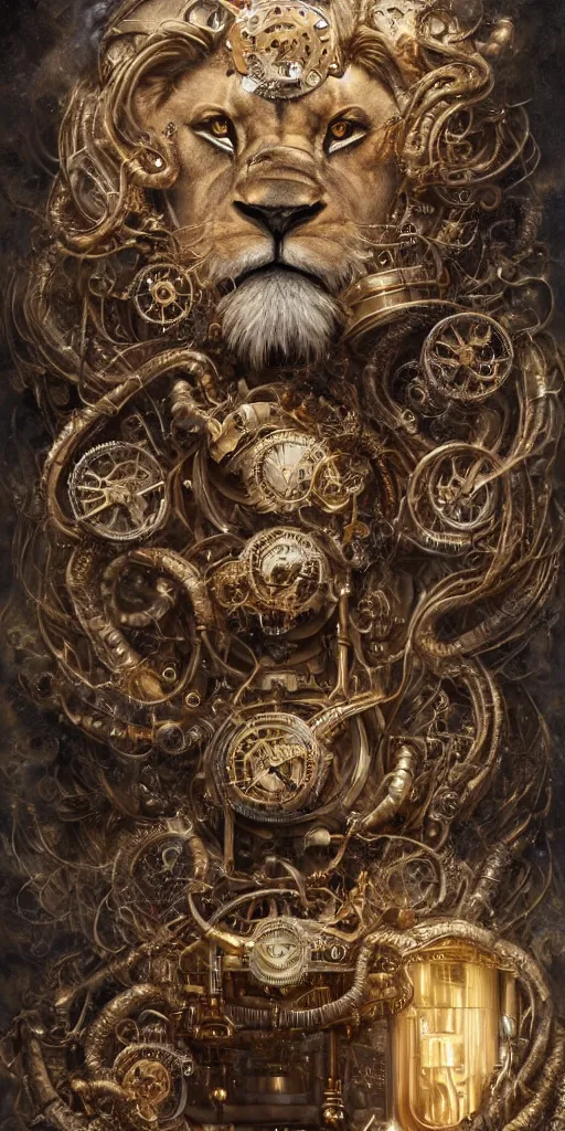 Prompt: a beautiful detailed 3 d matte portrait of a clockwork lion, by ellen jewett, by tomasz alen kopera, by justin gerard, ominous, magical realism, texture, intricate, skull, skeleton, gold coins, money, whirling smoke, alchemist bottles, radiant colors, fantasy, volumetric lighting, high details