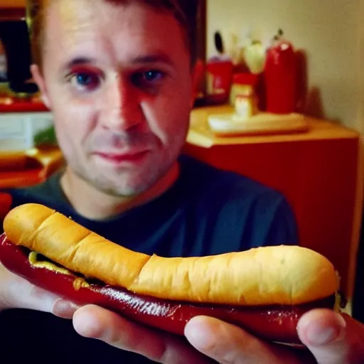 Image similar to man sad that he has the worlds smallest hotdog, award winning photography