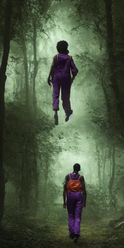 Prompt: black boy with purple afro and orange overalls, walking in a forrest, moody , lovecraft, giger, ridley scott, zack snyder, Fenghua Zhong, realistic cinematic lighting, establishing action shot, ultra detailed, hyper realism, photo, octane render