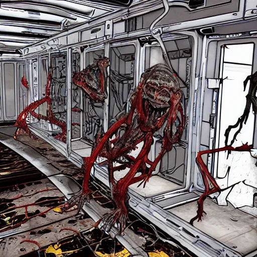 Image similar to disfigured necromorph being crawling in the spacecraft hallway, rusty and dirty interiors, highly realistic and intricate, dim lights