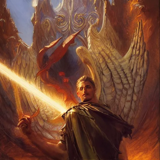 Image similar to attractive male deity casts light spell, summons attractive male lucifer morningstar. highly detailed painting by gaston bussiere, craig mullins, j. c. leyendecker 8 k