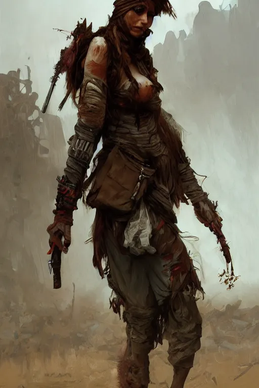 Prompt: a full body portrait of a beautiful post apocalyptic offworld rogues quarter bedouin blind pulp fiction scarlet wild rogue barbarian leper begging by the roadside, intricate, elegant, highly detailed, digital painting, artstation, concept art, smooth, sharp focus, illustration, art by krenz cushart and artem demura and alphonse mucha