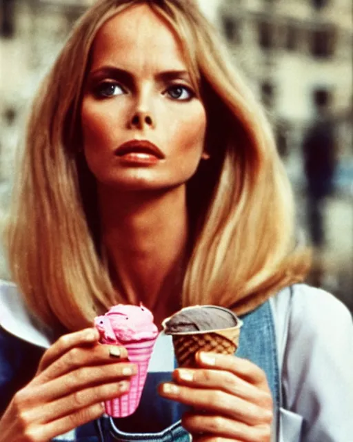 Image similar to portrait of a blonde barbara bach from the bond film wearing dungarees and eating ice creams in porto